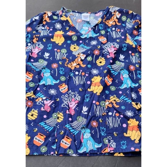 Disney Winnie The Pooh Tigger Eeyore Medical/VET SCRUB TOP Small - Picture 1 of 12